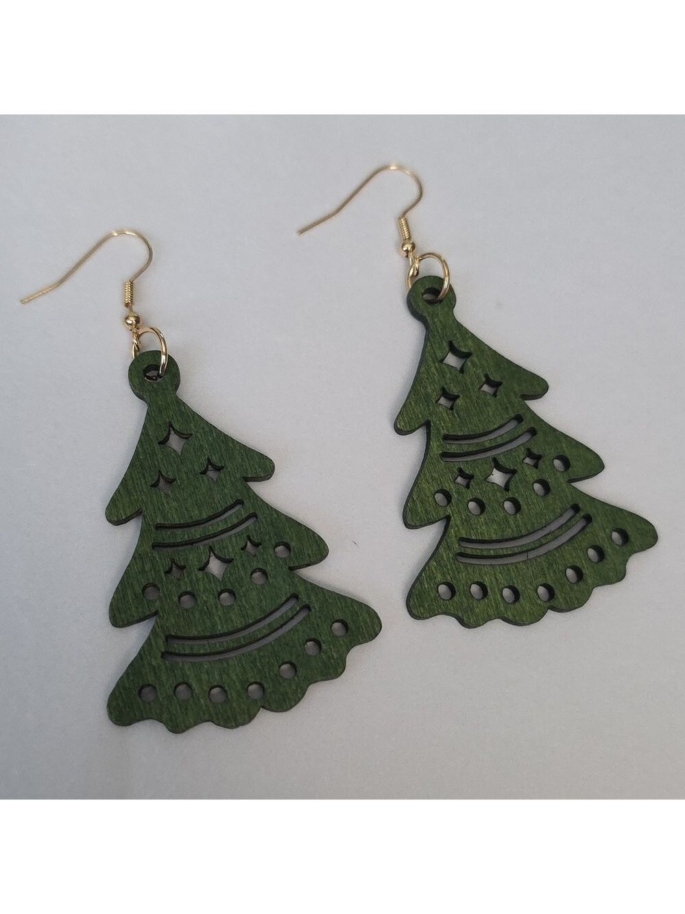 Boho WOOD Cut out Christmas Tree Earrings super Lightweight